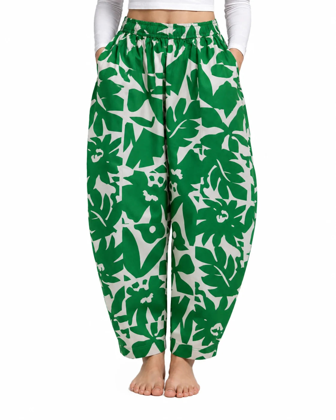 OYSTERS BALLOON-CUT RELAXED FIT YELLOW GREEN PRINTED COTTON PANTS FOR WOMEN
