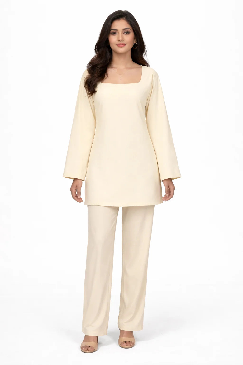 Beige Back Lace-Up Straight Kurti