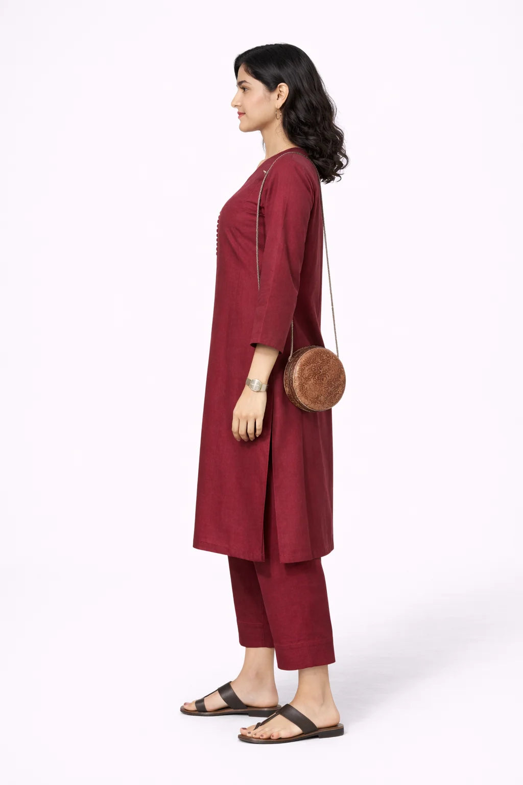 Maroon V-Neck Button Detail Kurta Set