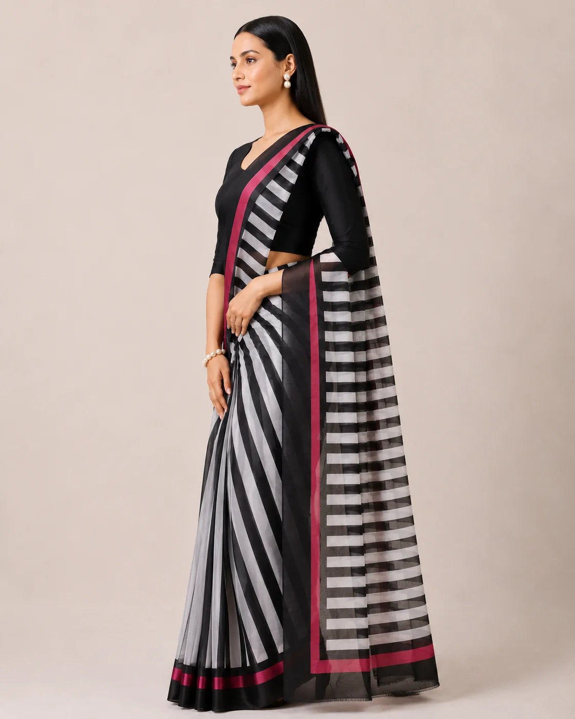 THE SAREE PROJECT WHITE BLACK STRIPE PRINT