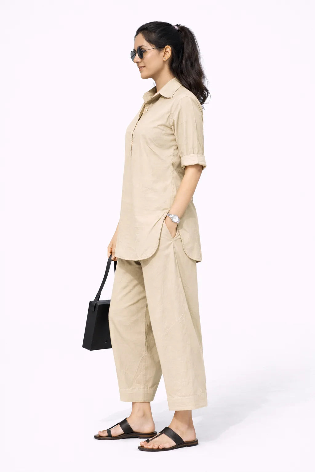 Beige Collared Kurta Co-Ord Set