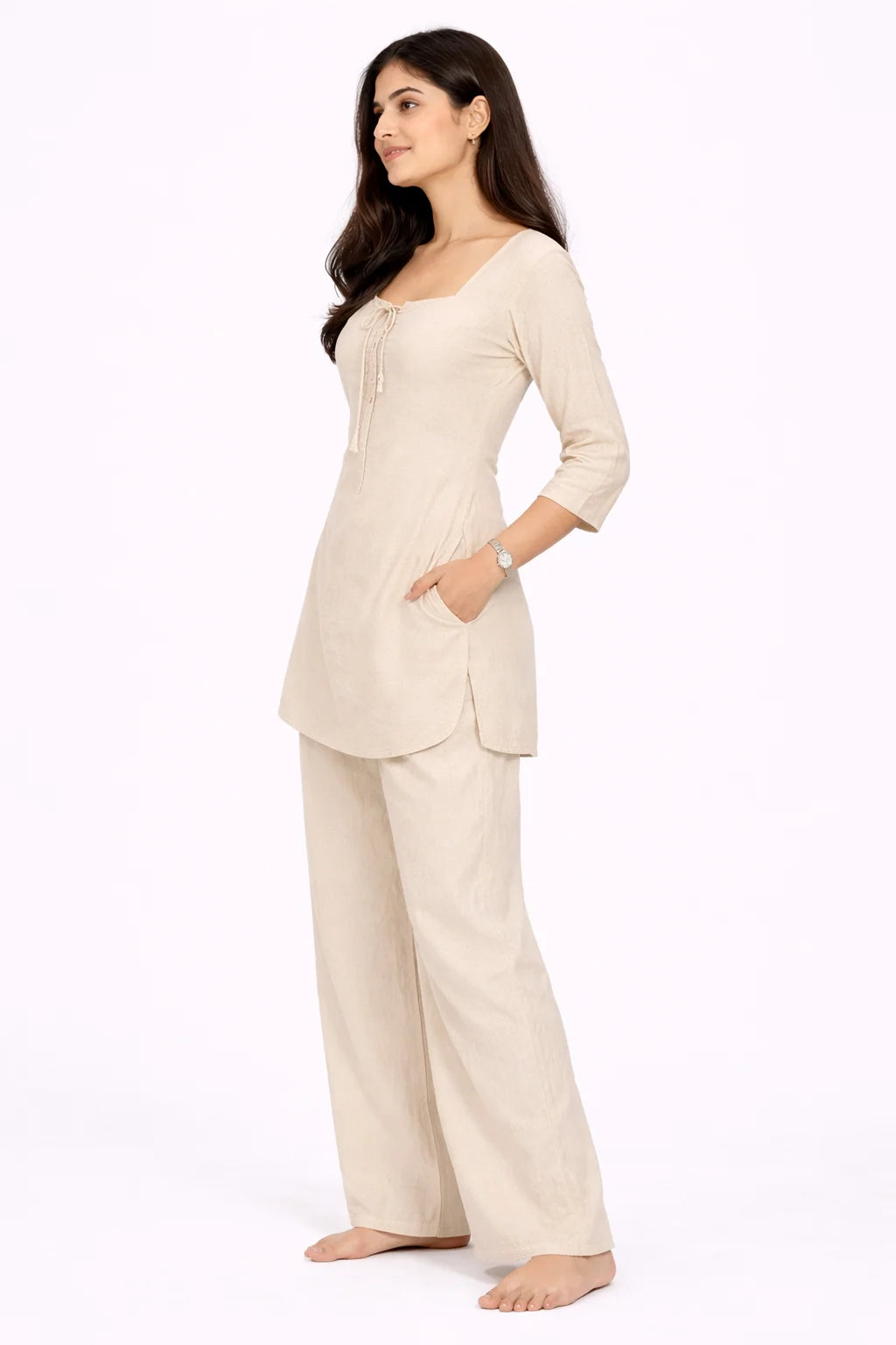 Beige Square Neck Tie-Detail Kurti
