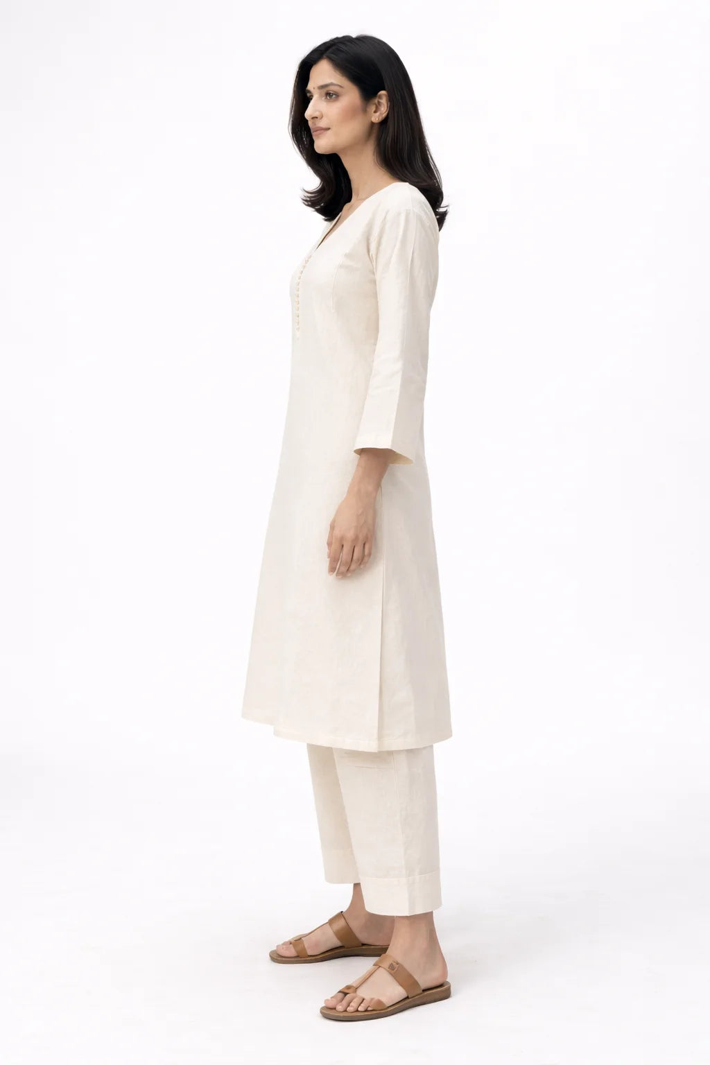 Beige V-Neck Button Detail Kurta Set