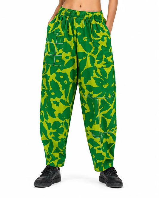 OYSTERS UTILITY BARREL YELLOW GREEN PRINTED PANTS FOR WOMEN
