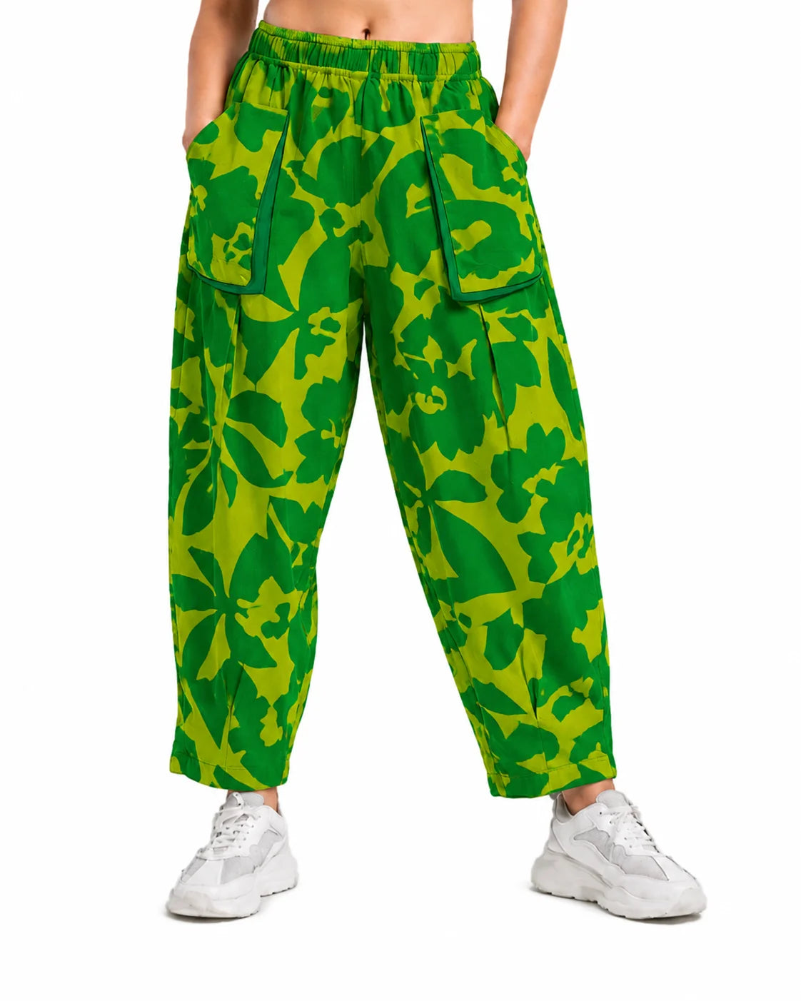 OYSTERS DRAPED UTILITY YELLOW GREEN PRINTED PANTS FOR WOMEN
