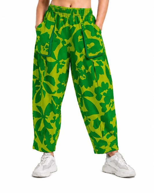OYSTERS DRAPED UTILITY YELLOW GREEN PRINTED PANTS FOR WOMEN