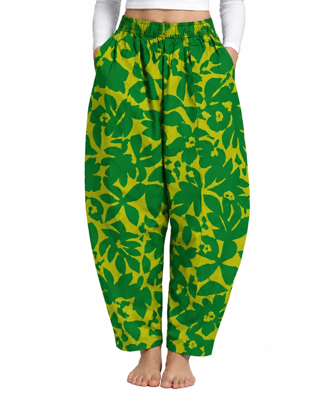 OYSTERS BALLOON-CUT RELAXED FIT WHITE GREEN PRINTED COTTON PANTS FOR WOMEN
