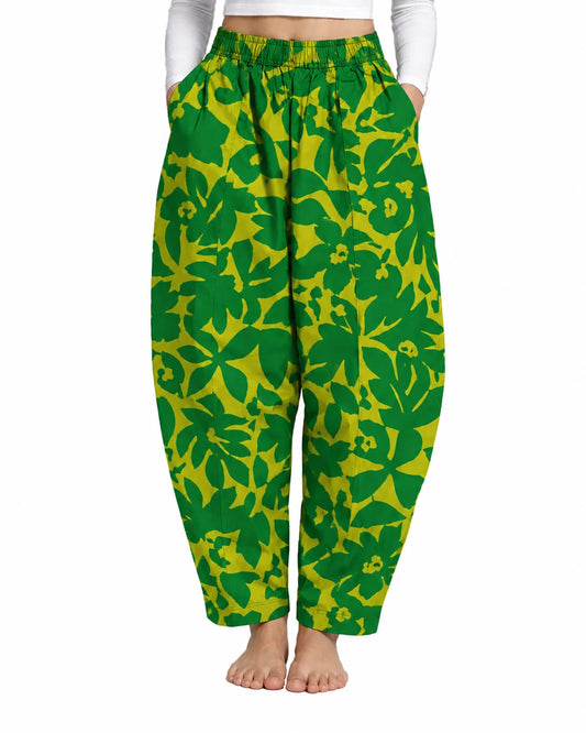 OYSTERS BALLOON-CUT RELAXED FIT YELLOW GREEN PRINTED COTTON PANTS FOR WOMEN