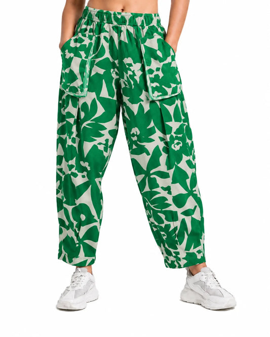 OYSTERS DRAPED UTILITY WHITE GREEN PRINTED PANTS FOR WOMEN