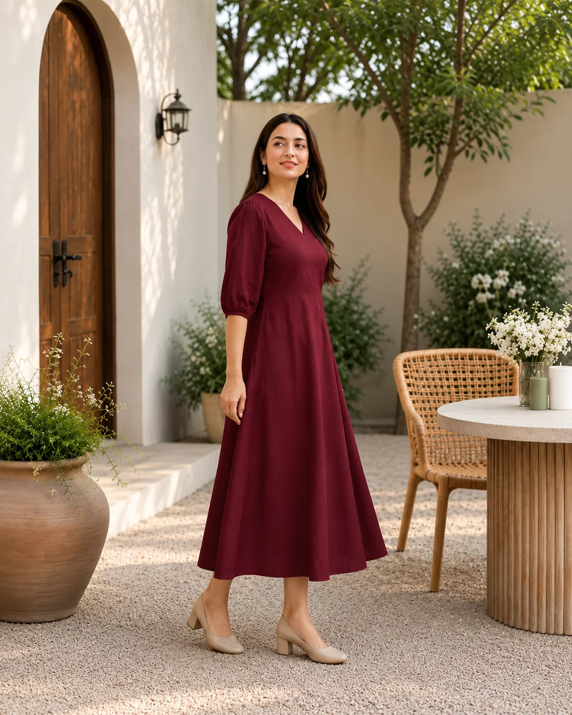 BEHTARIN MAROON V-NECK A-LINE MIDI DRESS