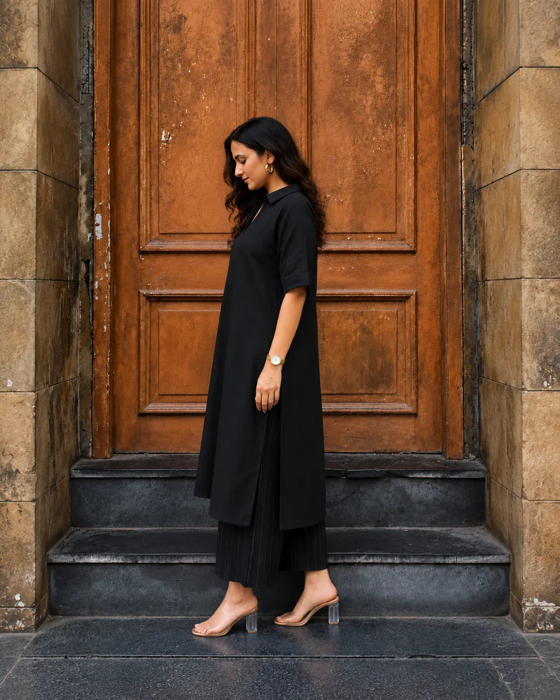 BEHTARIN BLACK COLLARED A-LINE TUNIC & WIDE-LEG PANTS CO-ORD SET