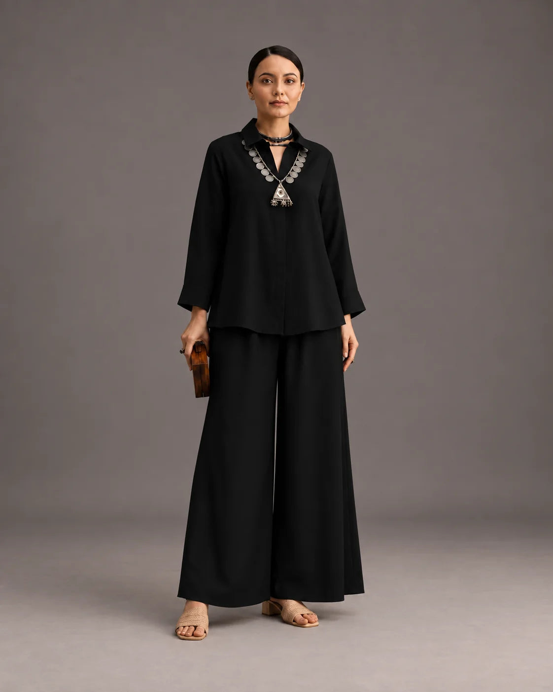 BEHTARIN BLACK V-NECK FLARED TOP & WIDE-LEG PALAZZO CO-ORD SET