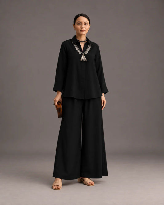 BEHTARIN BLACK V-NECK FLARED TOP & WIDE-LEG PALAZZO CO-ORD SET