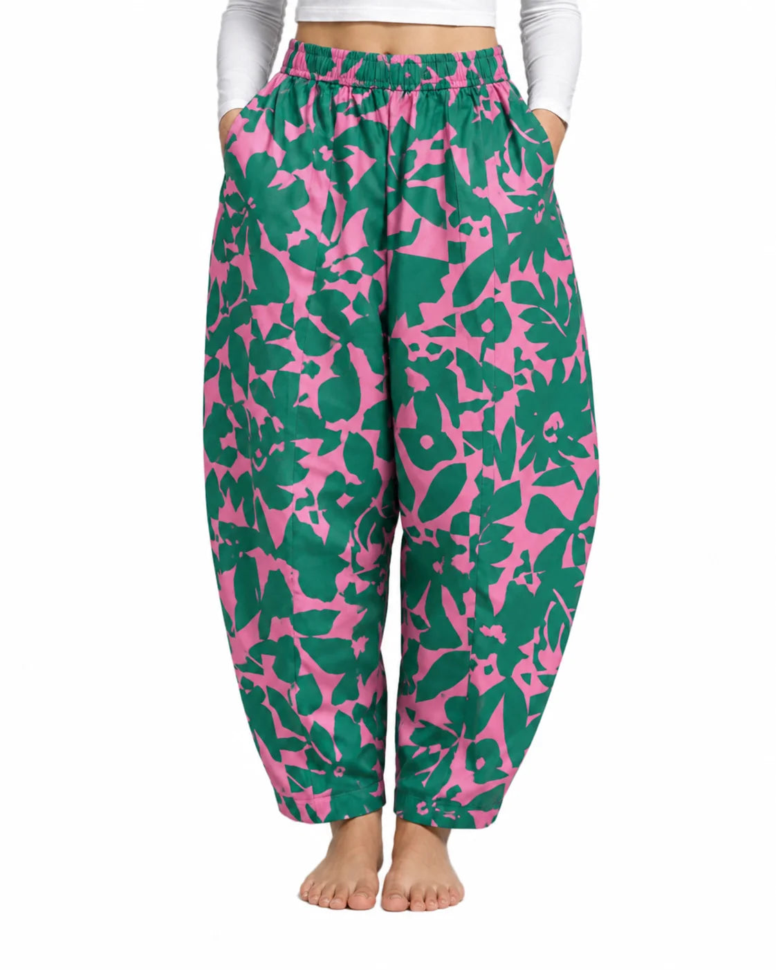 OYSTERS BALLOON-CUT RELAXED FIT WHITE GREEN PRINTED COTTON PANTS FOR WOMEN