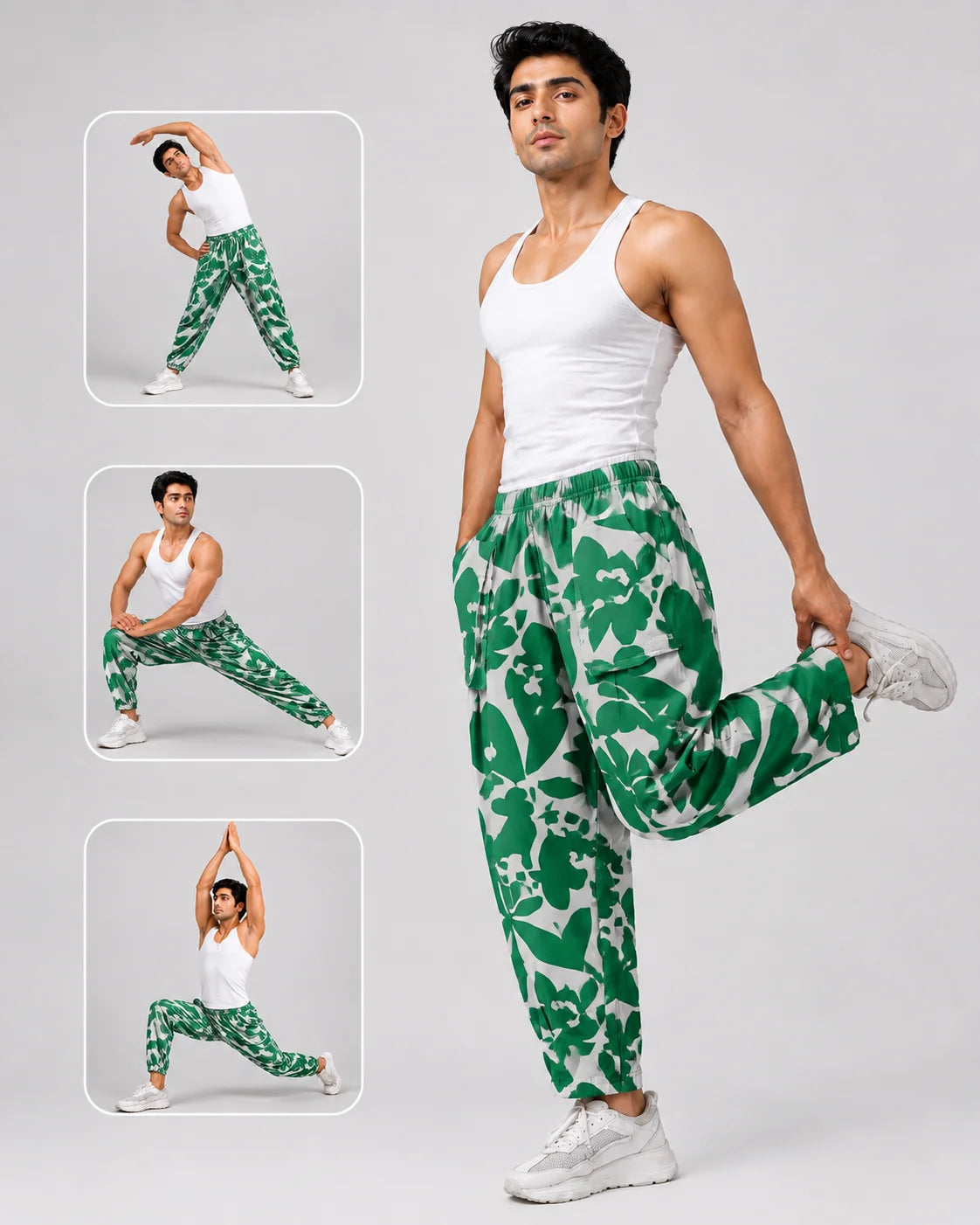 OYSTERS DRAPED UTILITY WHITE GREEN PRINTED PANTS FOR MEN