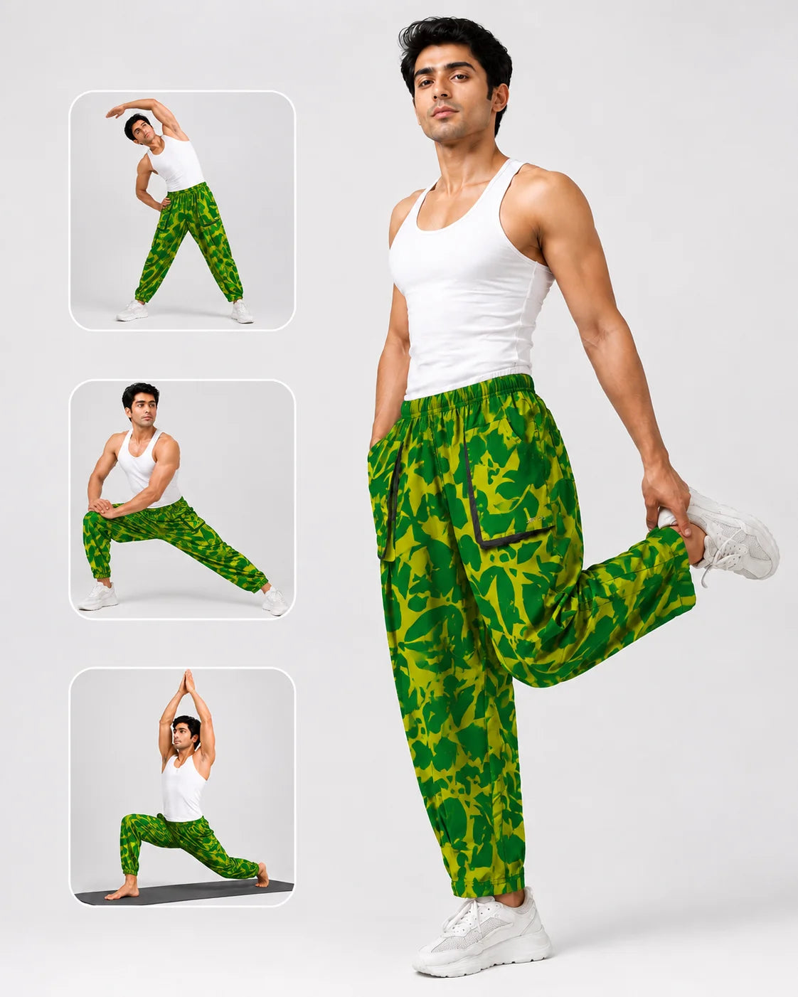 OYSTERS DRAPED UTILITY YELLOW GREEN PRINTED PANTS FOR MEN