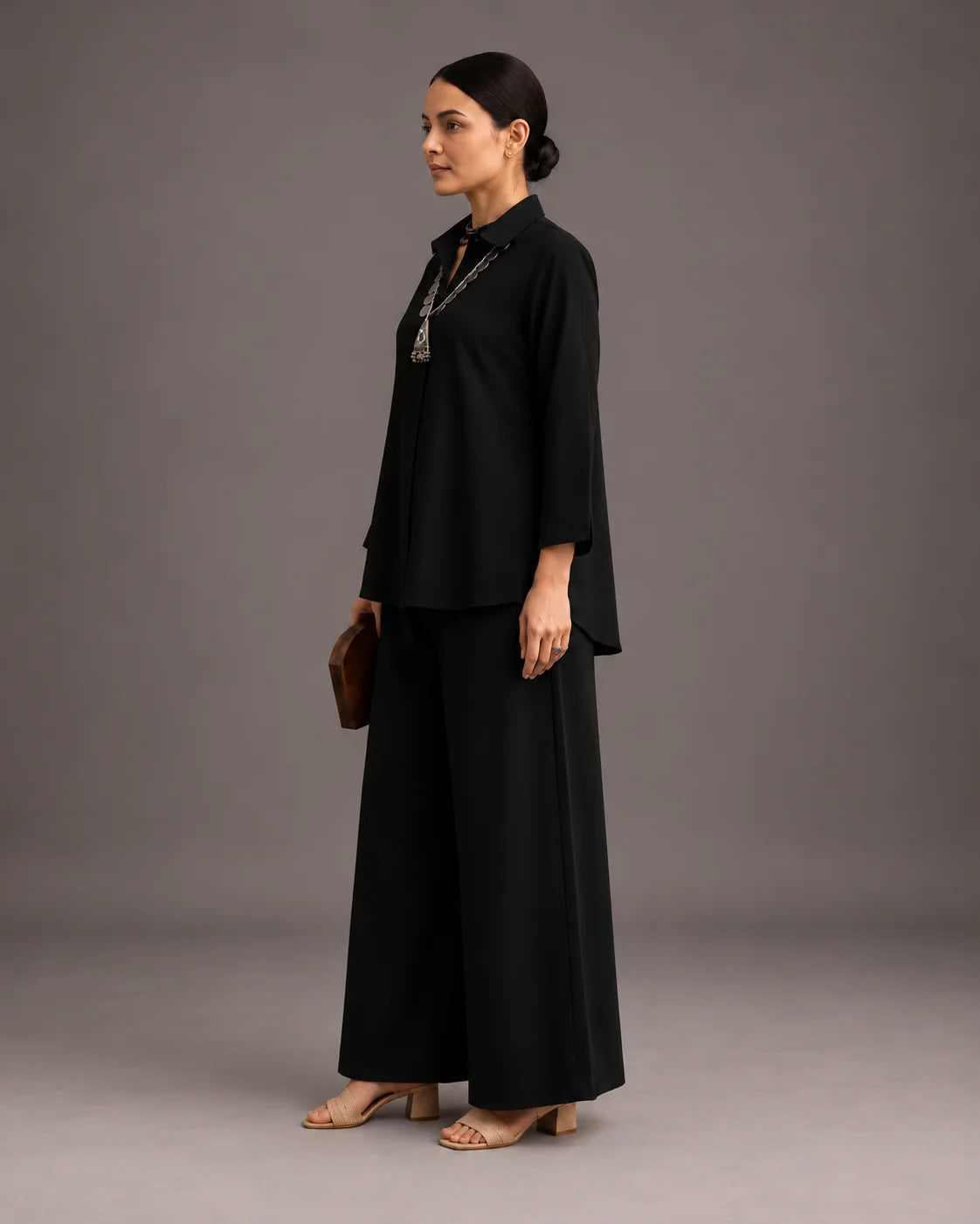 BEHTARIN BLACK V-NECK FLARED TOP & WIDE-LEG PALAZZO CO-ORD SET