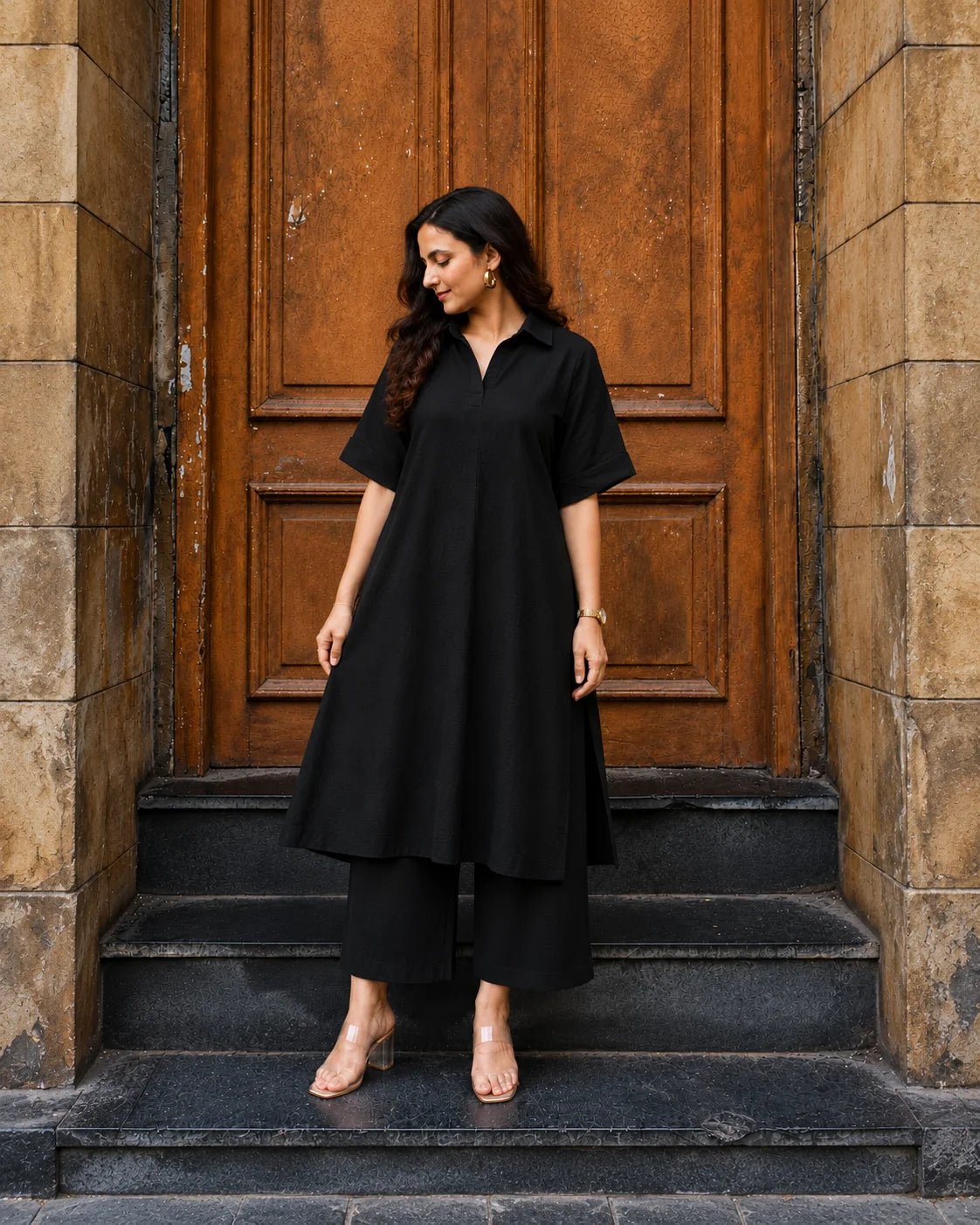 BEHTARIN BLACK COLLARED A-LINE TUNIC & WIDE-LEG PANTS CO-ORD SET