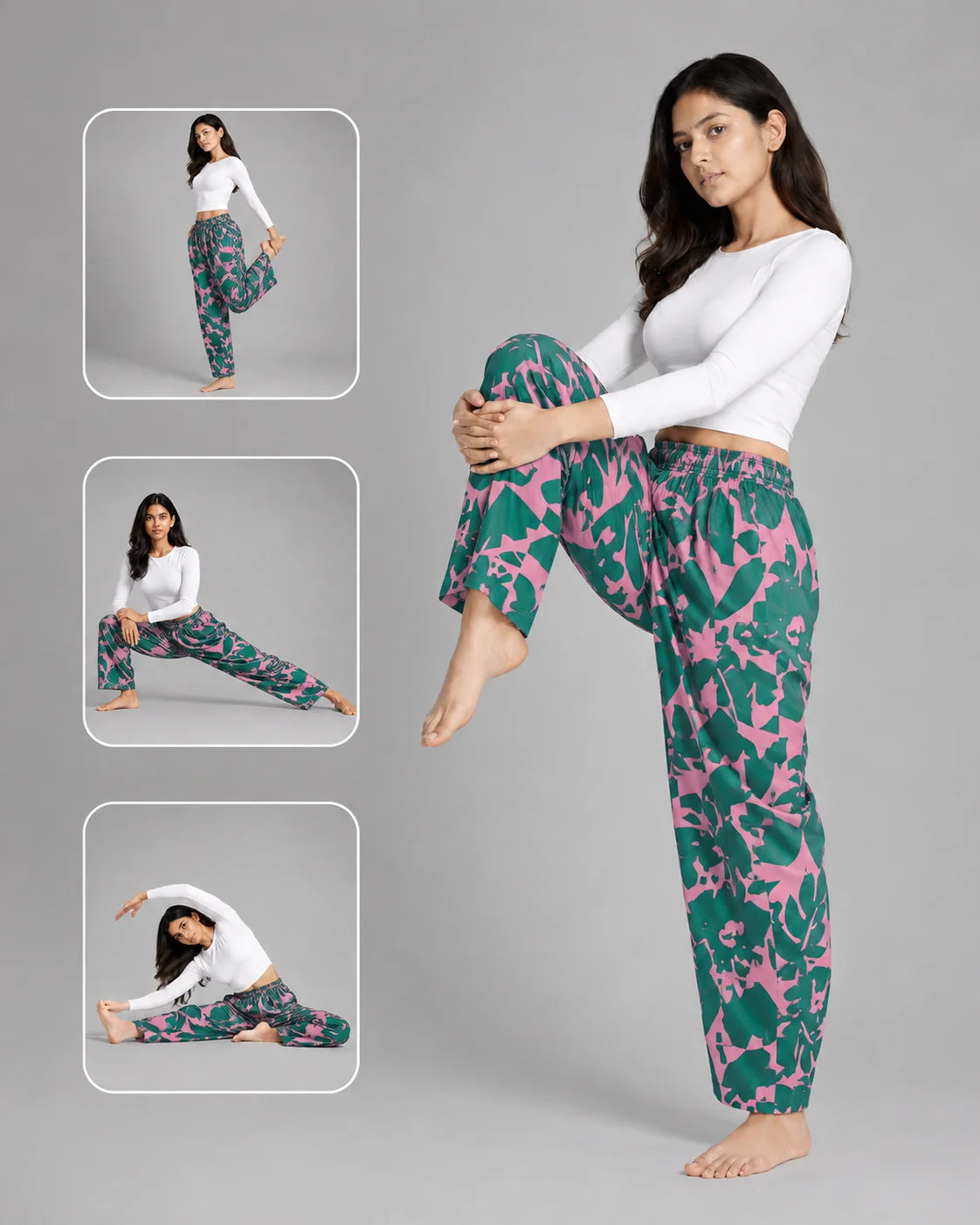 OYSTERS BALLOON-CUT RELAXED FIT PINK GREEN PRINTED COTTON PANTS FOR WOMEN