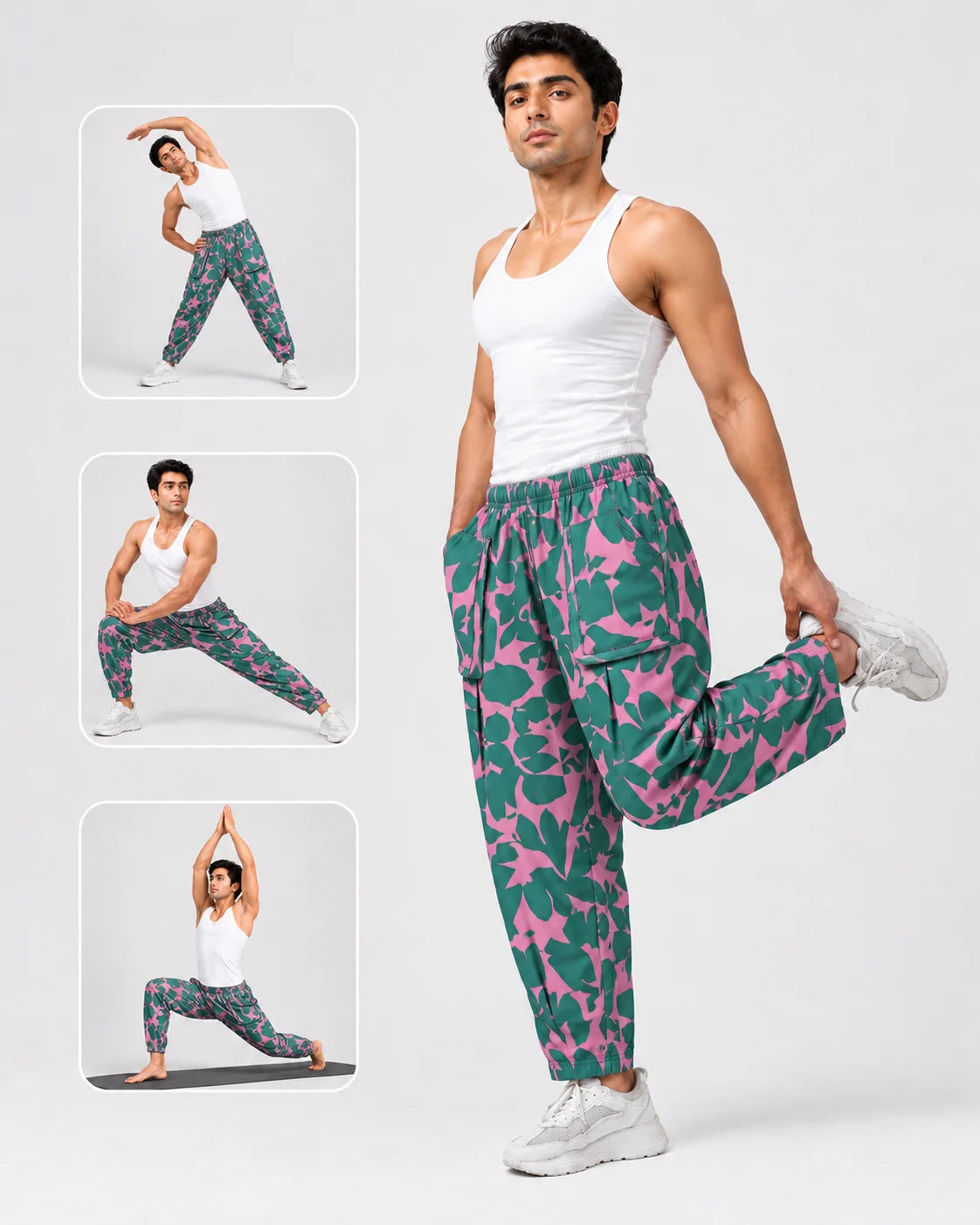 OYSTERS DRAPED UTILITY PINK GREEN PRINTED PANTS FOR MEN