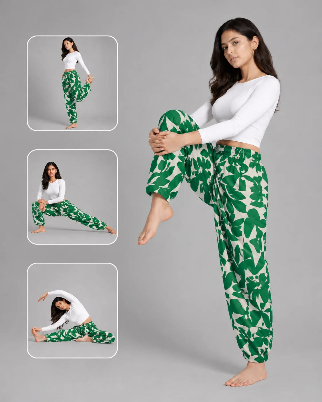 OYSTERS BALLOON-CUT RELAXED FIT WHITE GREEN PRINTED COTTON PANTS FOR WOMEN