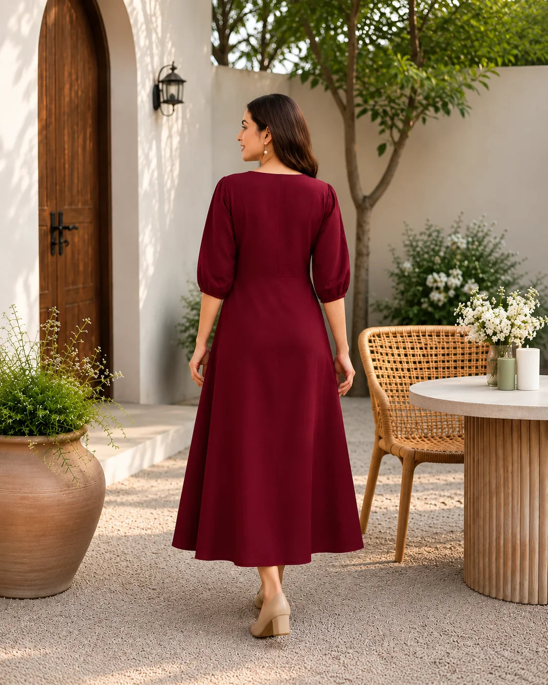BEHTARIN MAROON V-NECK A-LINE MIDI DRESS