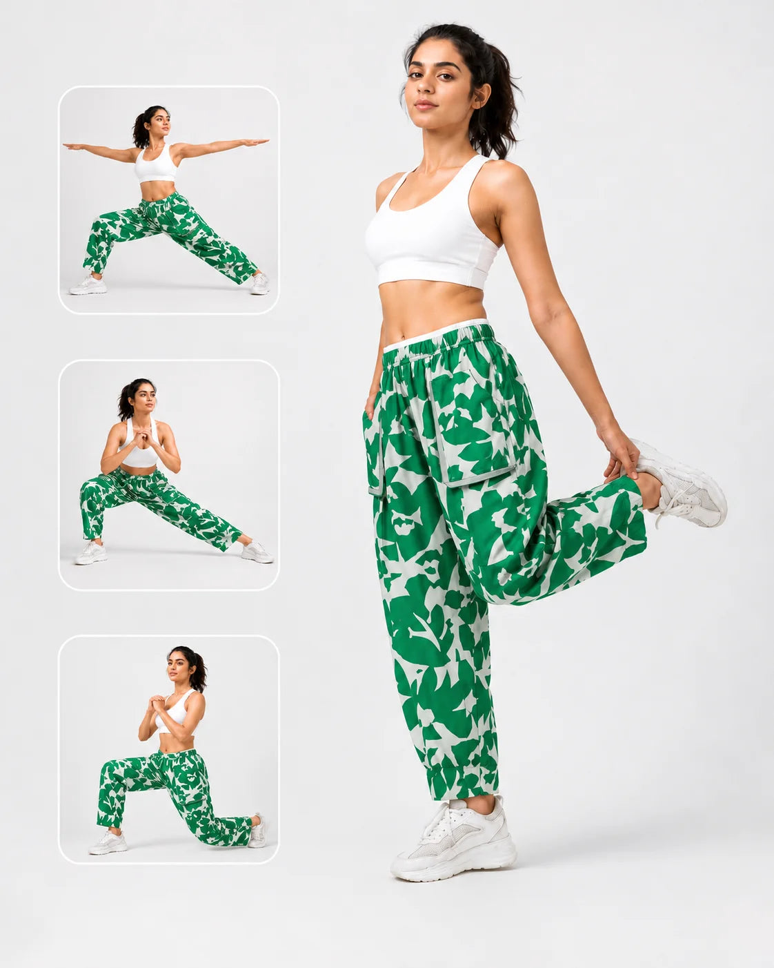 OYSTERS DRAPED UTILITY WHITE GREEN PRINTED PANTS FOR WOMEN
