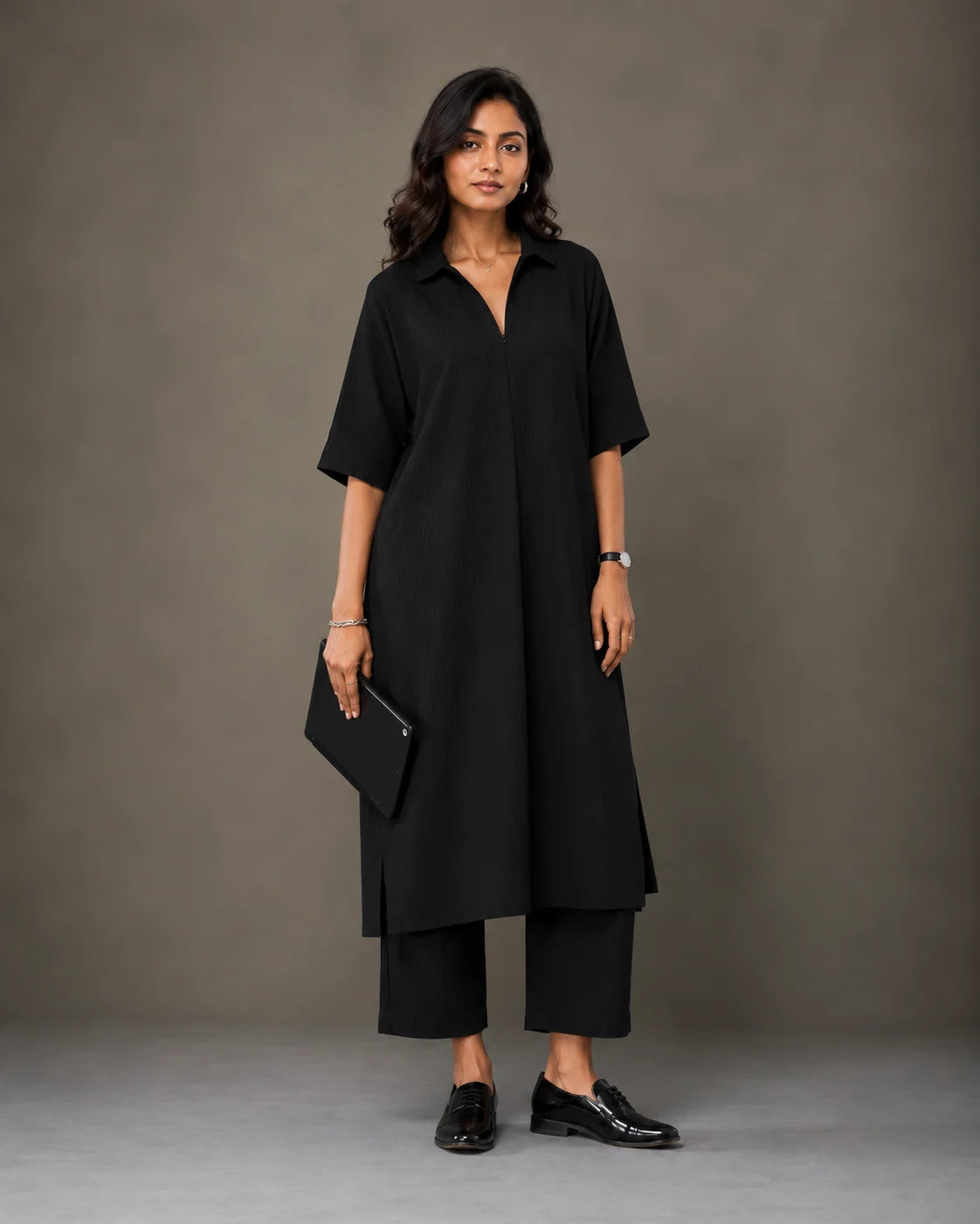 BEHTARIN BLACK COLLARED LONGLINE TUNIC & STRAIGHT PANTS CO-ORD SET