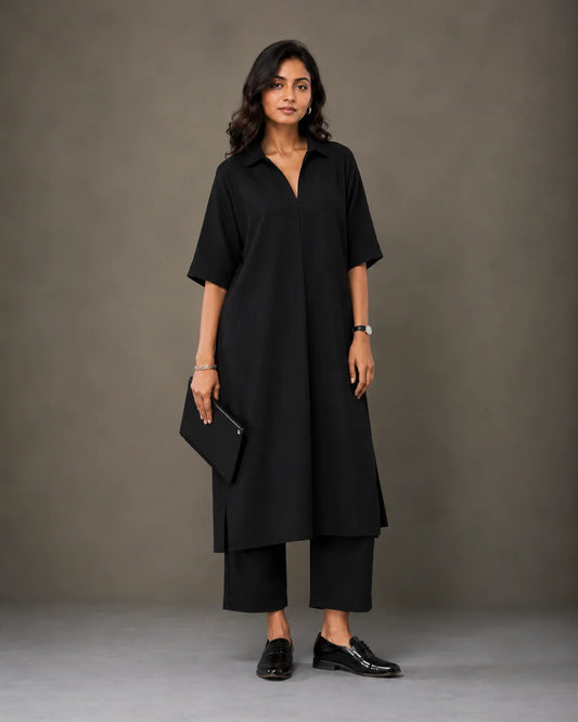 BEHTARIN BLACK COLLARED LONGLINE TUNIC & STRAIGHT PANTS CO-ORD SET