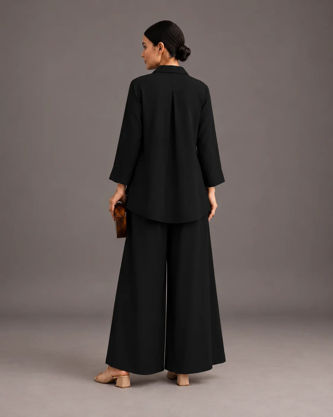 BEHTARIN BLACK V-NECK FLARED TOP & WIDE-LEG PALAZZO CO-ORD SET