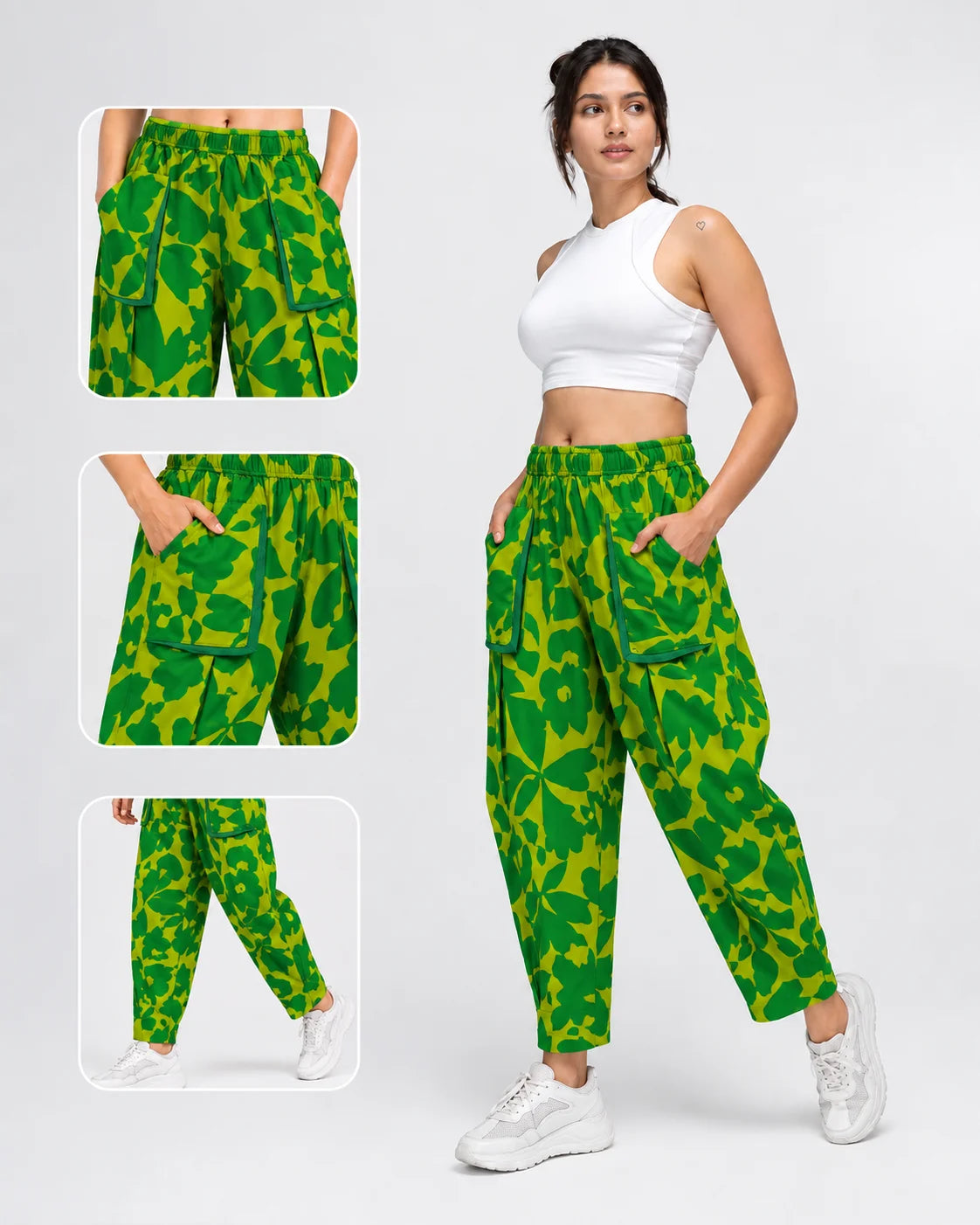 OYSTERS DRAPED UTILITY YELLOW GREEN PRINTED PANTS FOR WOMEN