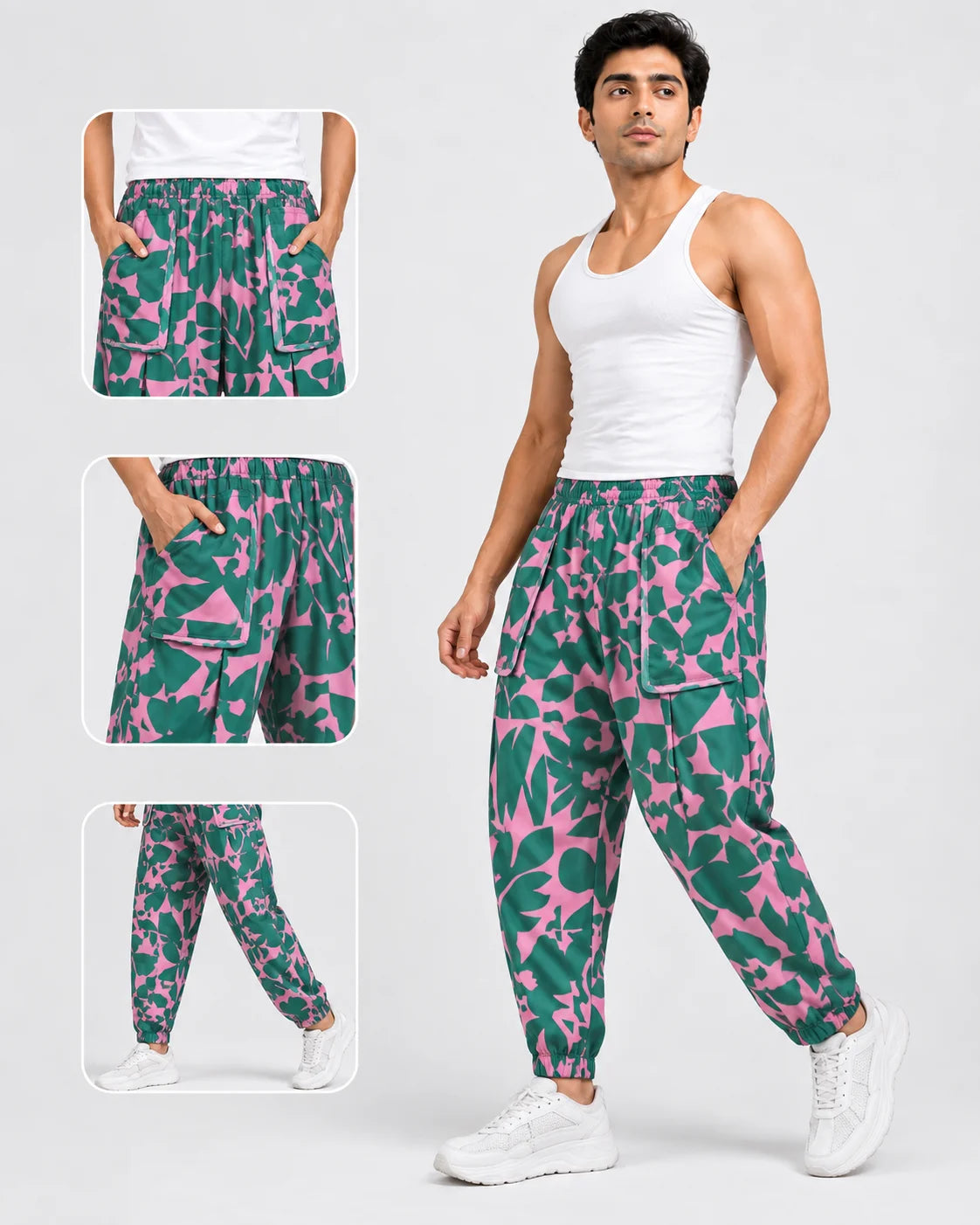OYSTERS DRAPED UTILITY PINK GREEN PRINTED PANTS FOR MEN