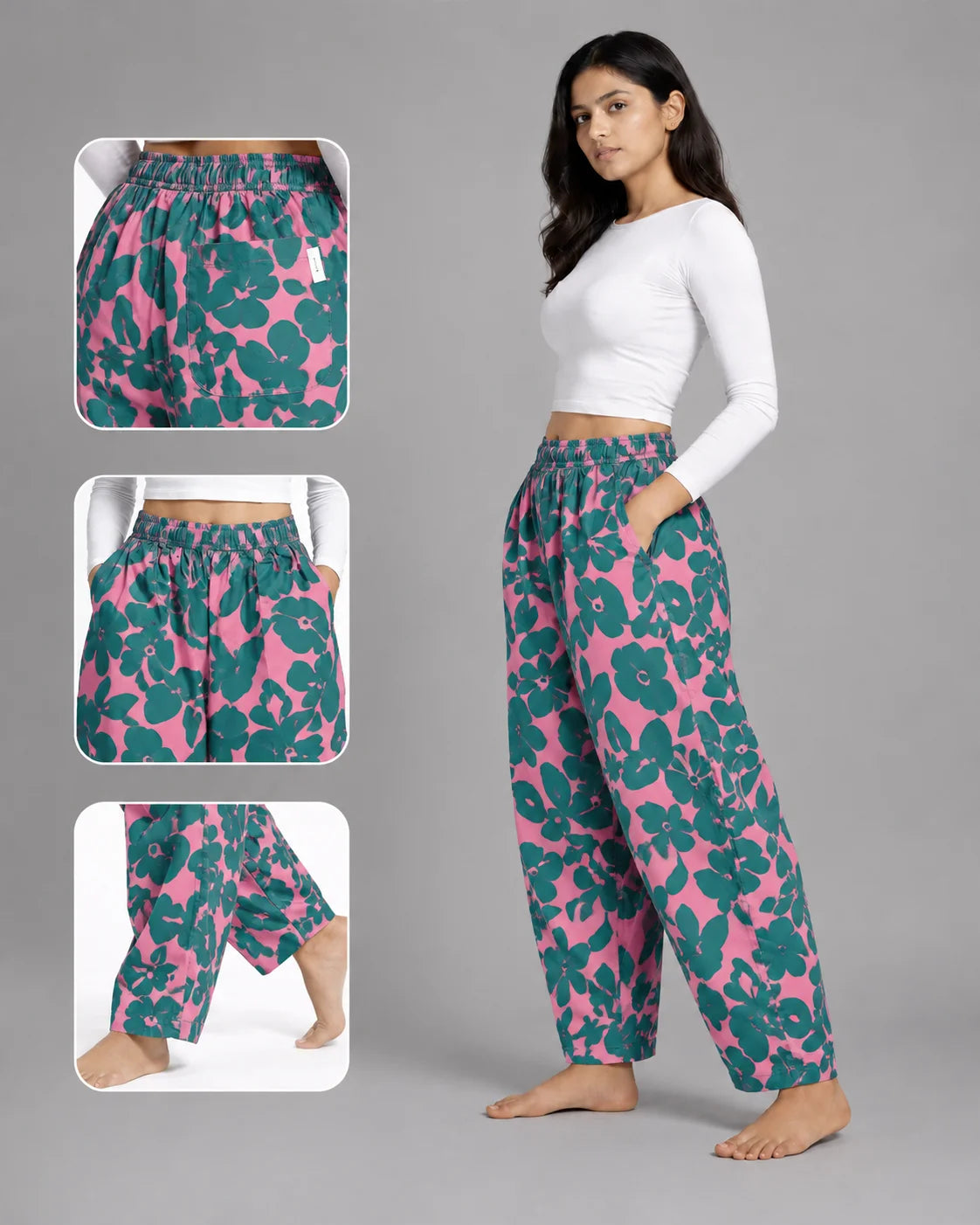 OYSTERS BALLOON-CUT RELAXED FIT PINK GREEN PRINTED COTTON PANTS FOR WOMEN
