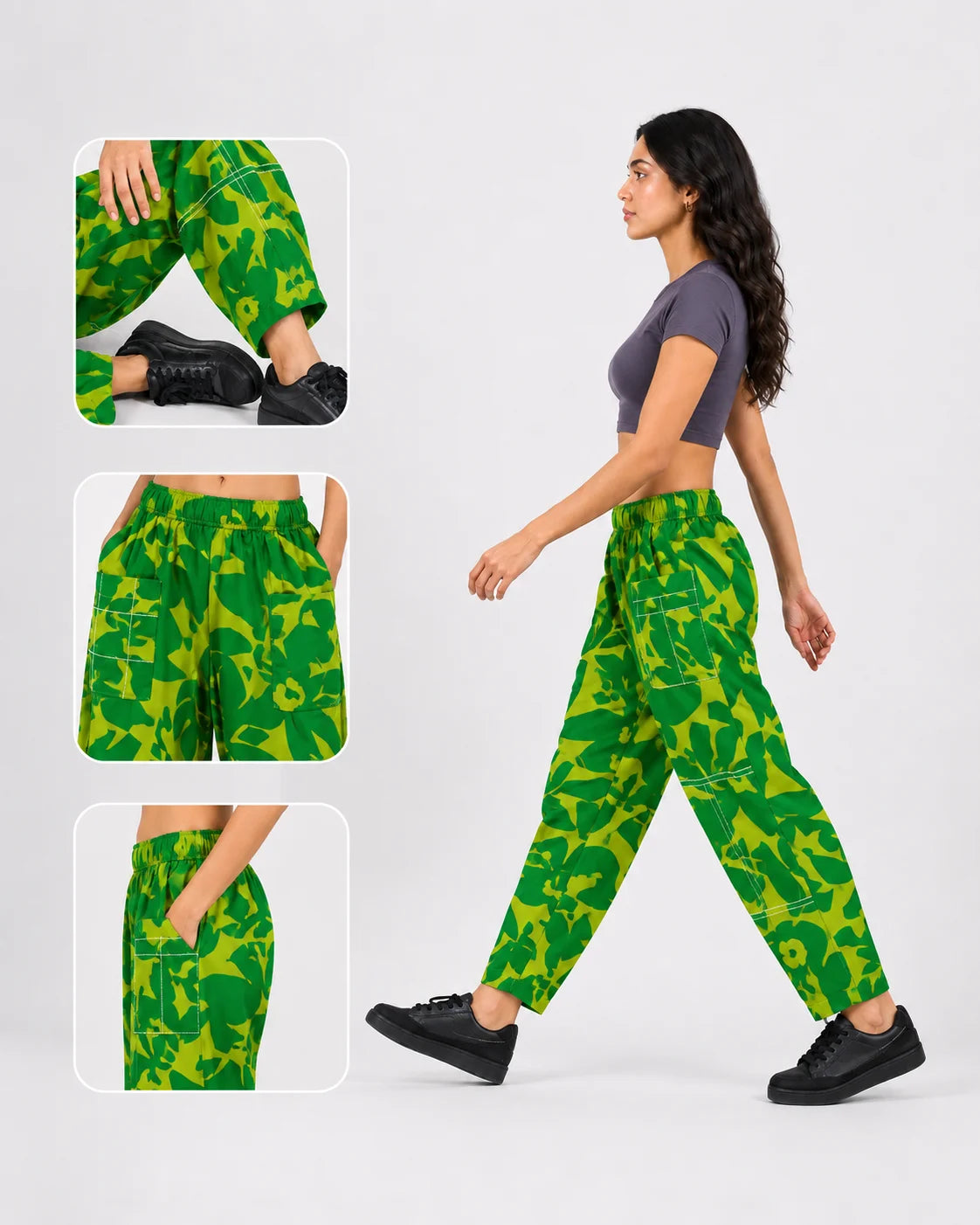 OYSTERS UTILITY BARREL YELLOW GREEN PRINTED PANTS FOR WOMEN