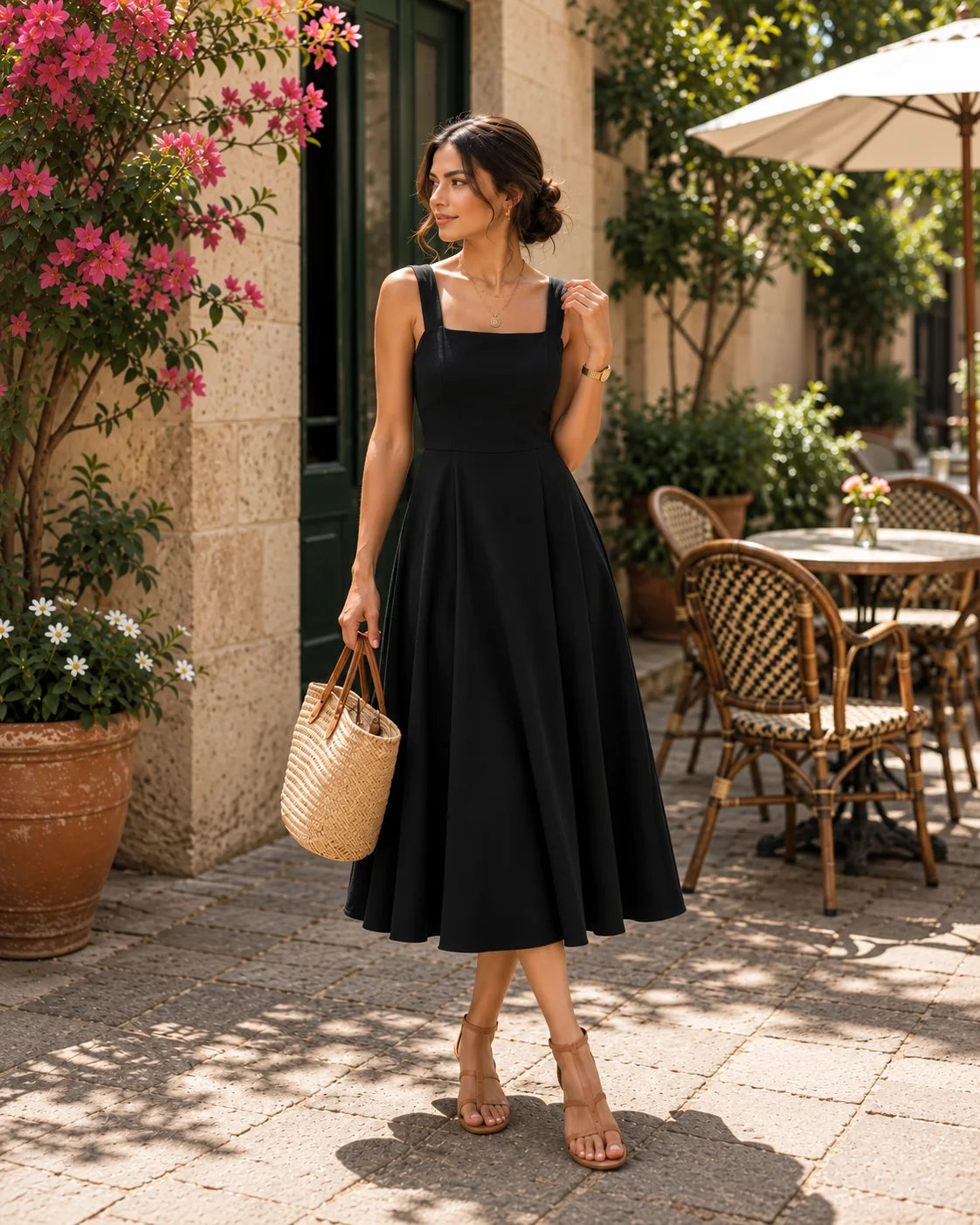 BEEITU BLACK SQUARE NECK A-LINE MIDI DRESS