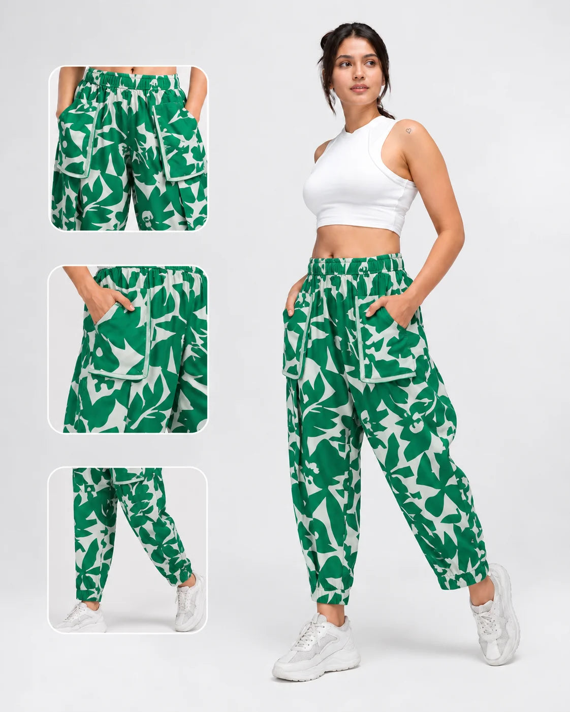OYSTERS DRAPED UTILITY WHITE GREEN PRINTED PANTS FOR WOMEN