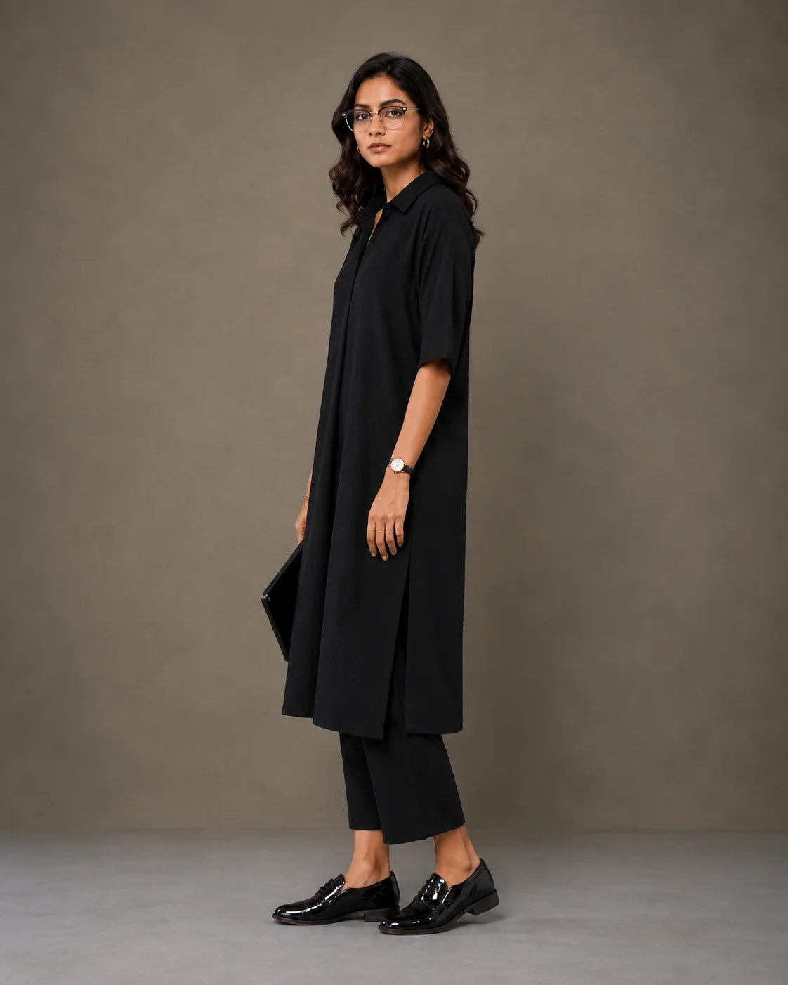 BEHTARIN BLACK COLLARED LONGLINE TUNIC & STRAIGHT PANTS CO-ORD SET