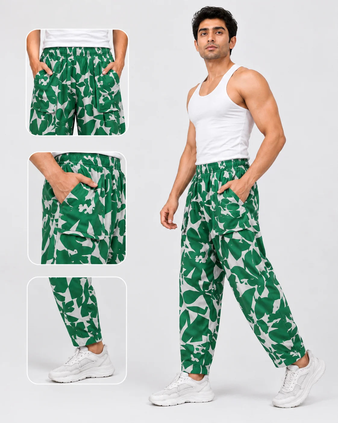 OYSTERS DRAPED UTILITY WHITE GREEN PRINTED PANTS FOR MEN