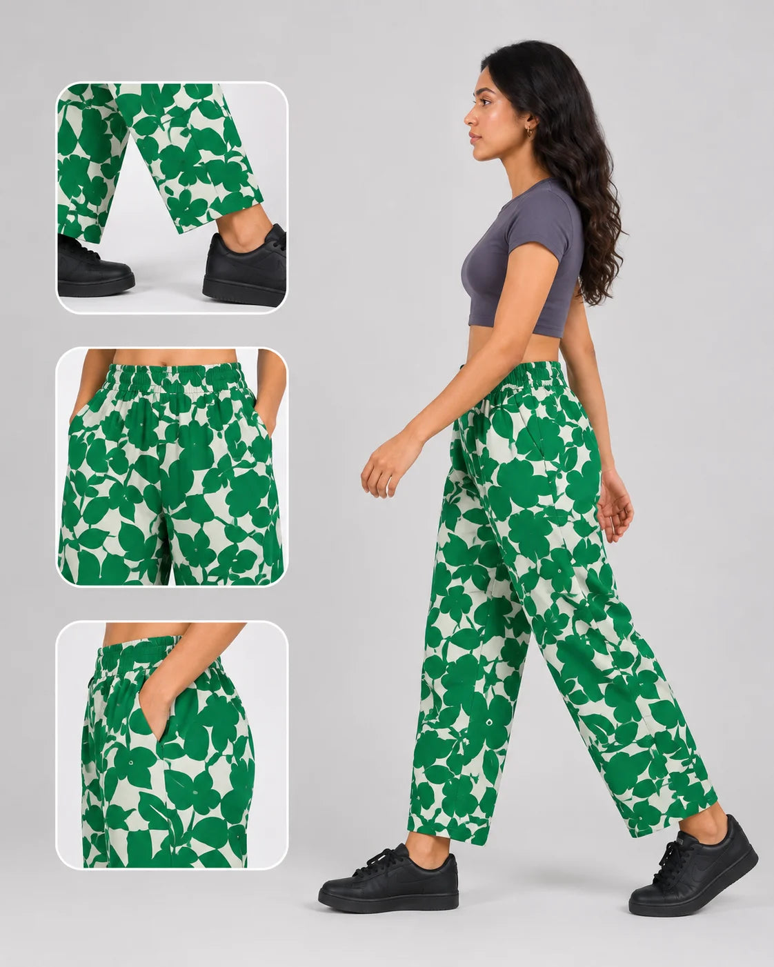 OYSTERS UTILITY BARREL WHITE GREEN PRINTED PANTS FOR WOMEN