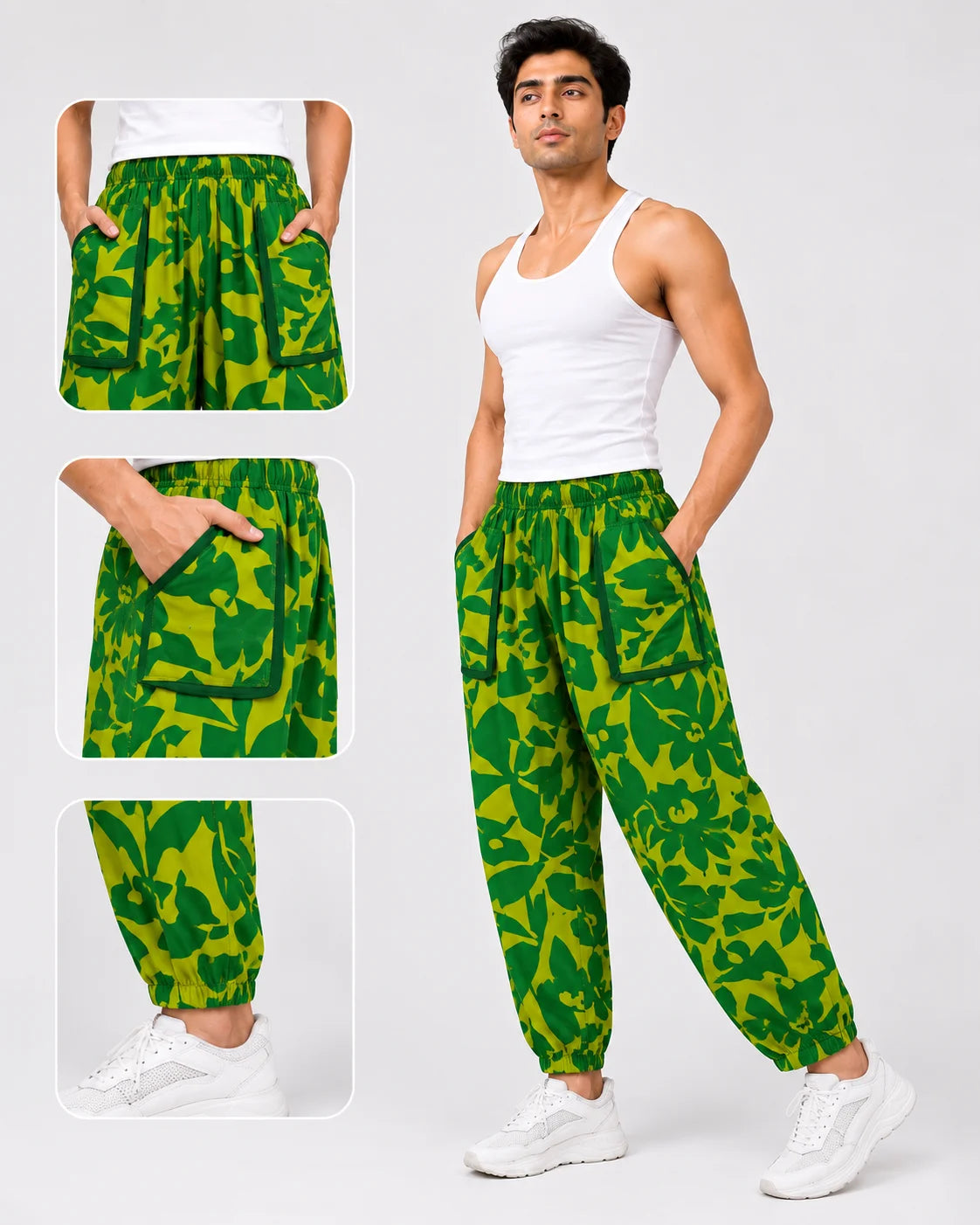 OYSTERS DRAPED UTILITY YELLOW GREEN PRINTED PANTS FOR MEN