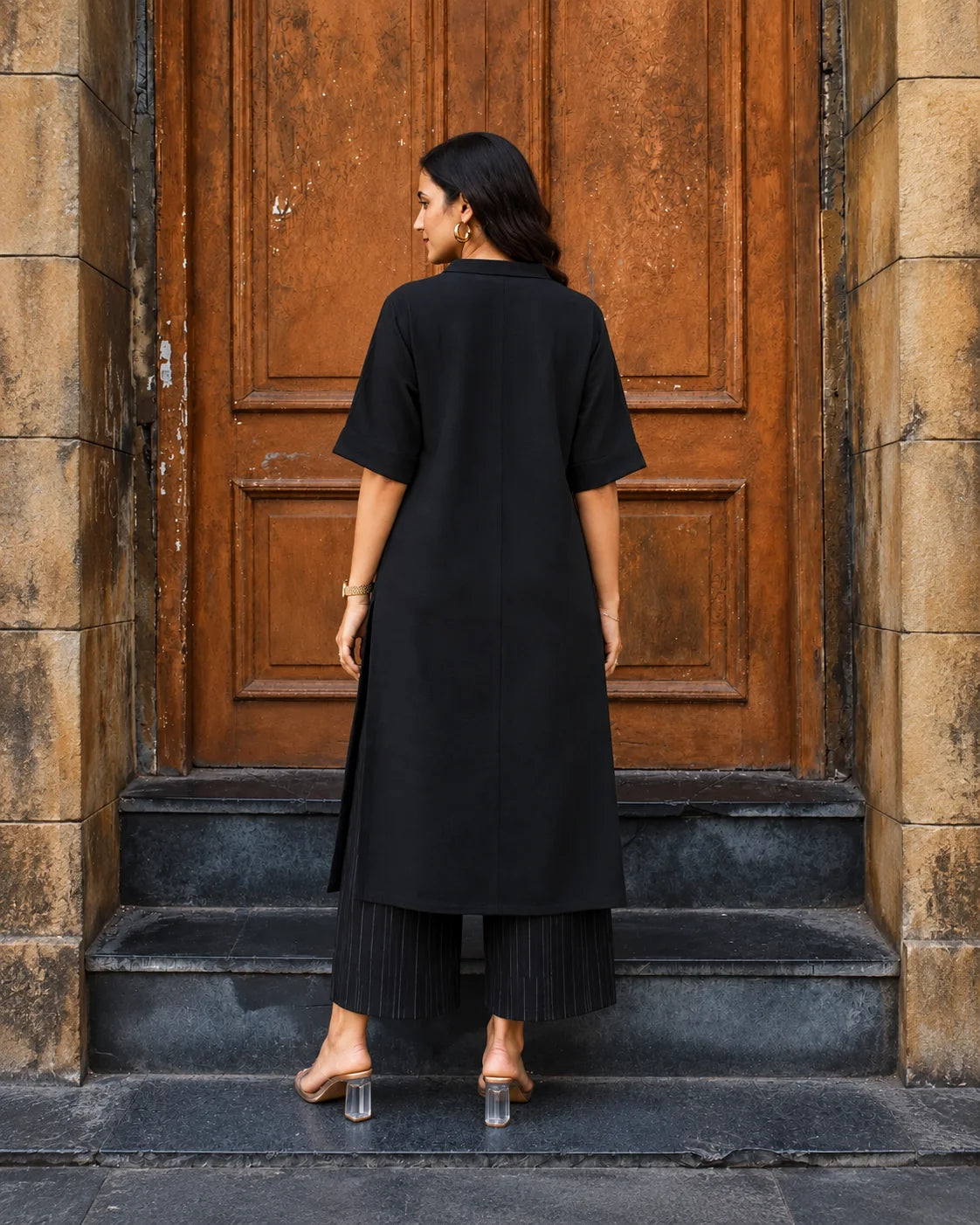 BEHTARIN BLACK COLLARED A-LINE TUNIC & WIDE-LEG PANTS CO-ORD SET