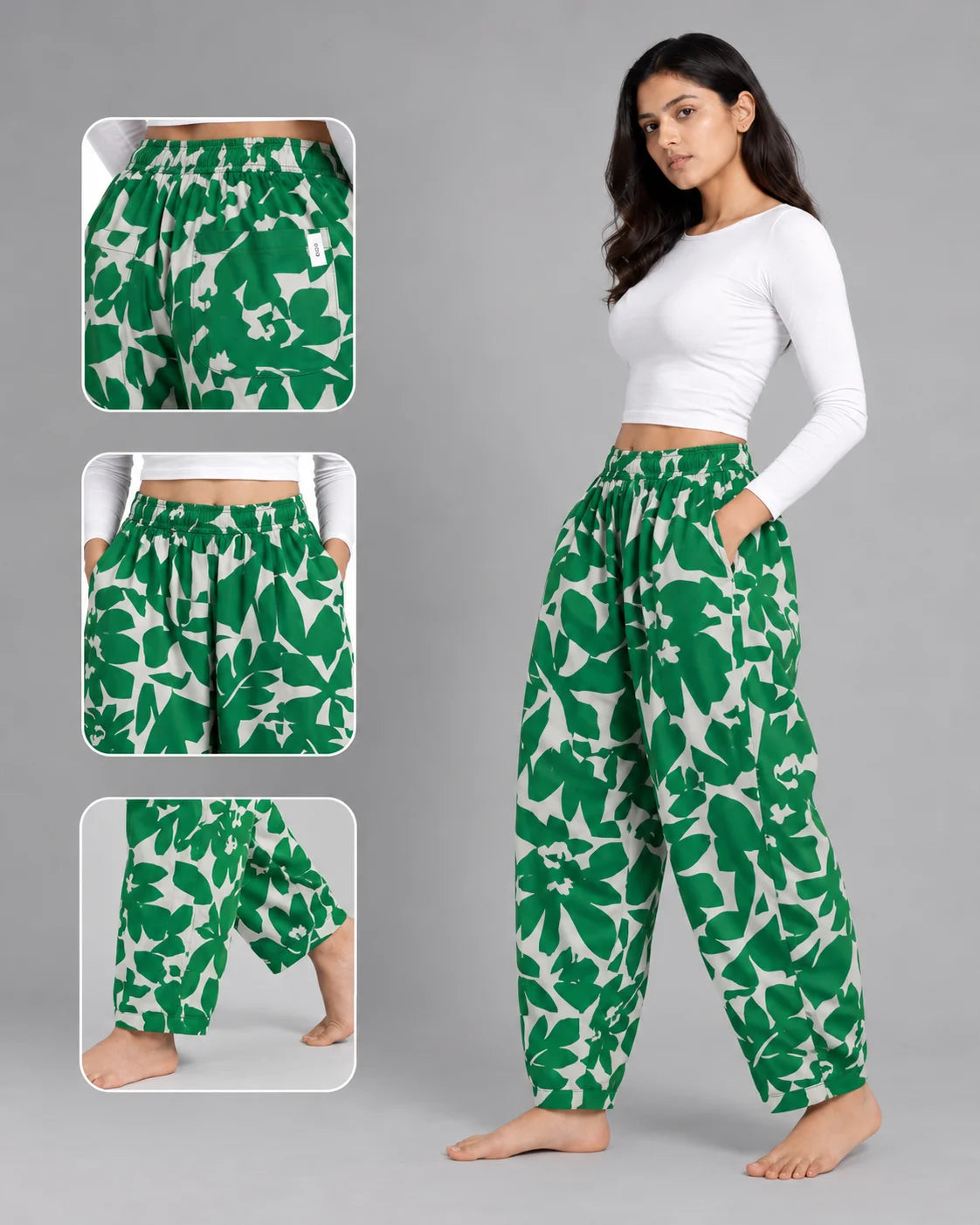 OYSTERS BALLOON-CUT RELAXED FIT WHITE GREEN PRINTED COTTON PANTS FOR WOMEN