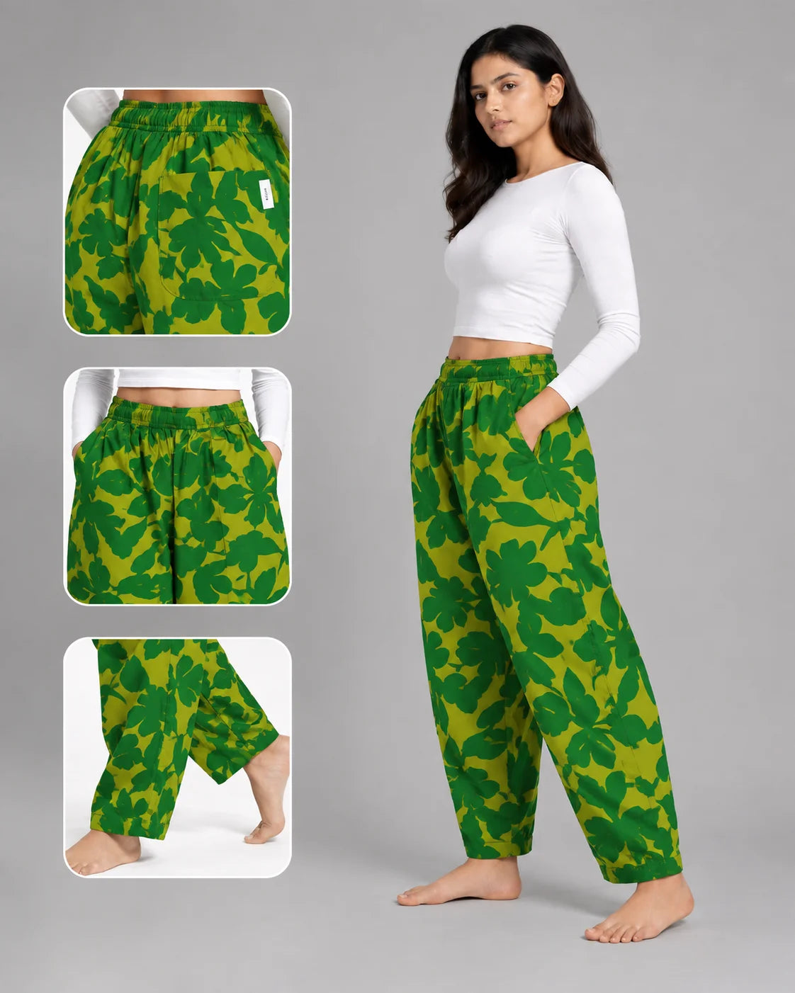 OYSTERS BALLOON-CUT RELAXED FIT YELLOW GREEN PRINTED COTTON PANTS FOR WOMEN