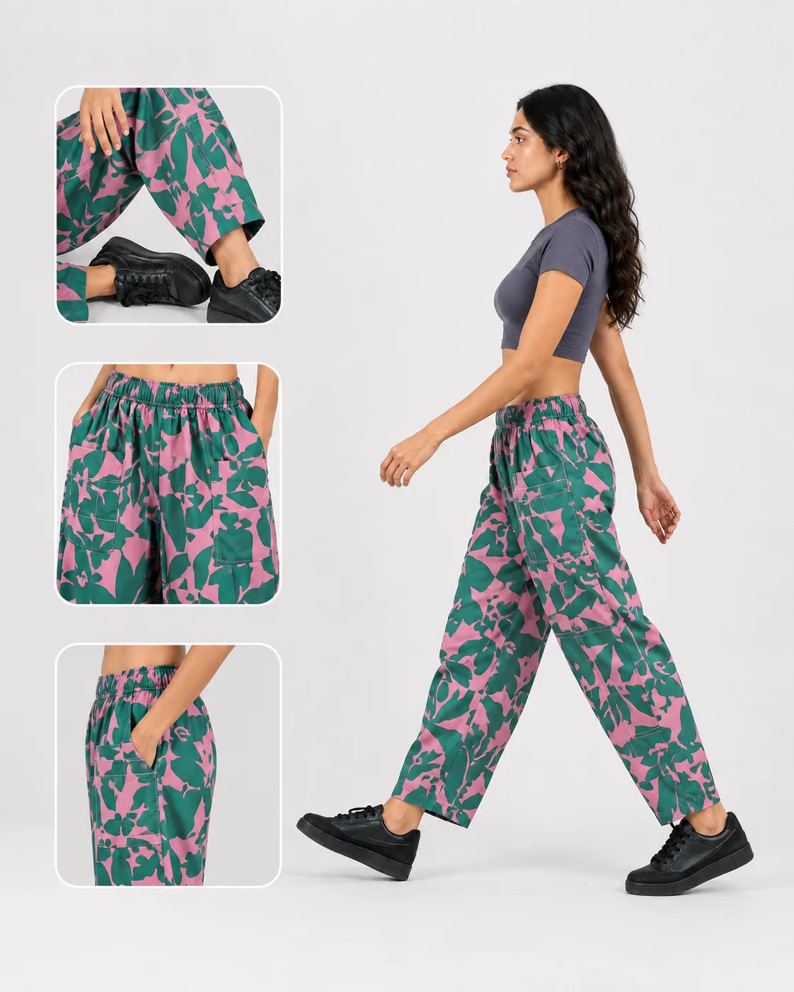 OYSTERS UTILITY BARREL PINK GREEN PRINTED PANTS FOR WOMEN
