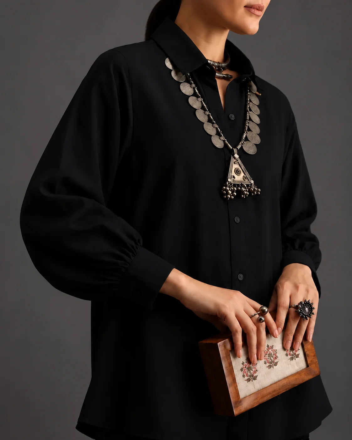 BEHTARIN BLACK V-NECK FLARED TOP & WIDE-LEG PALAZZO CO-ORD SET
