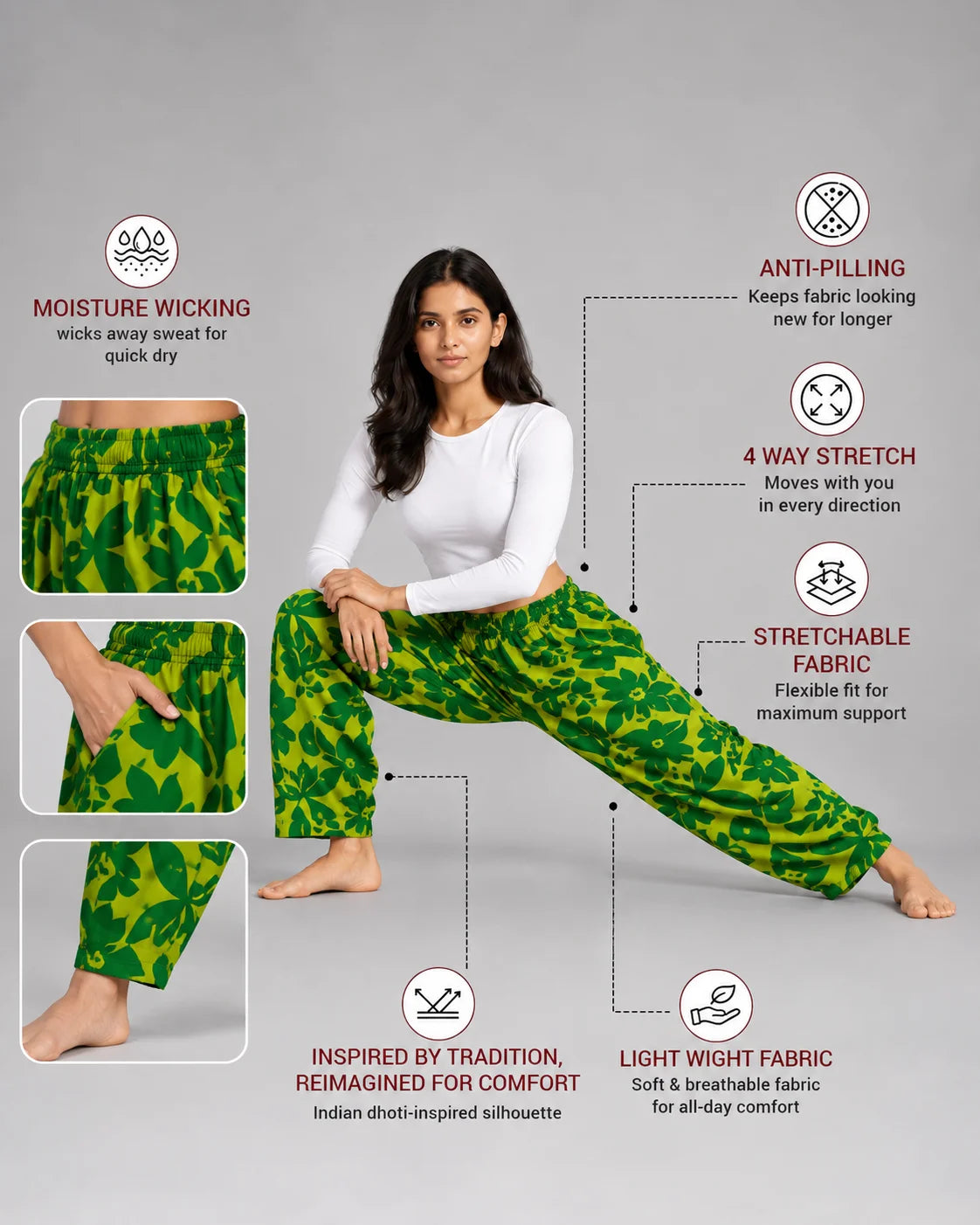 OYSTERS BALLOON-CUT RELAXED FIT YELLOW GREEN PRINTED COTTON PANTS FOR WOMEN