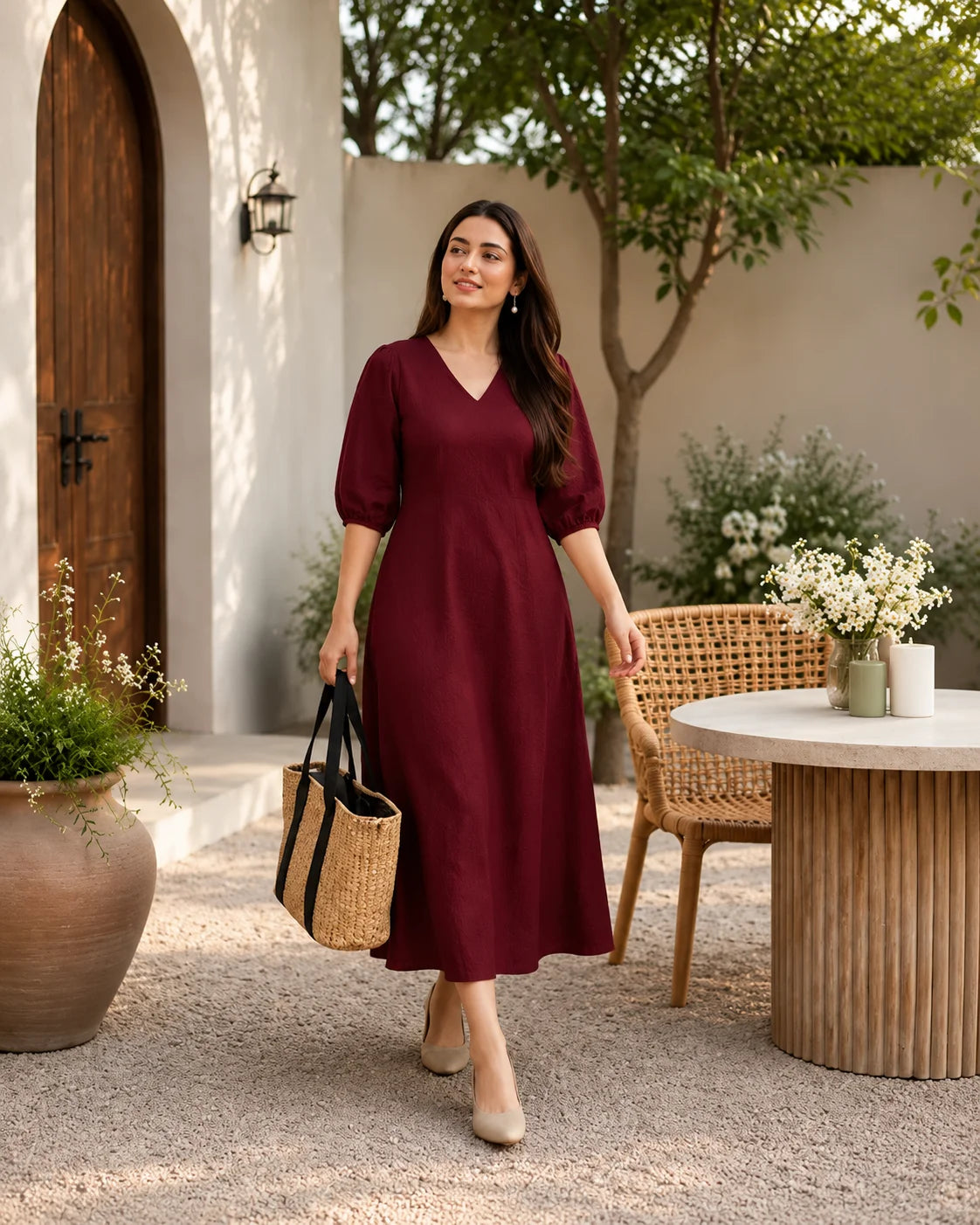 BEHTARIN MAROON V-NECK A-LINE MIDI DRESS