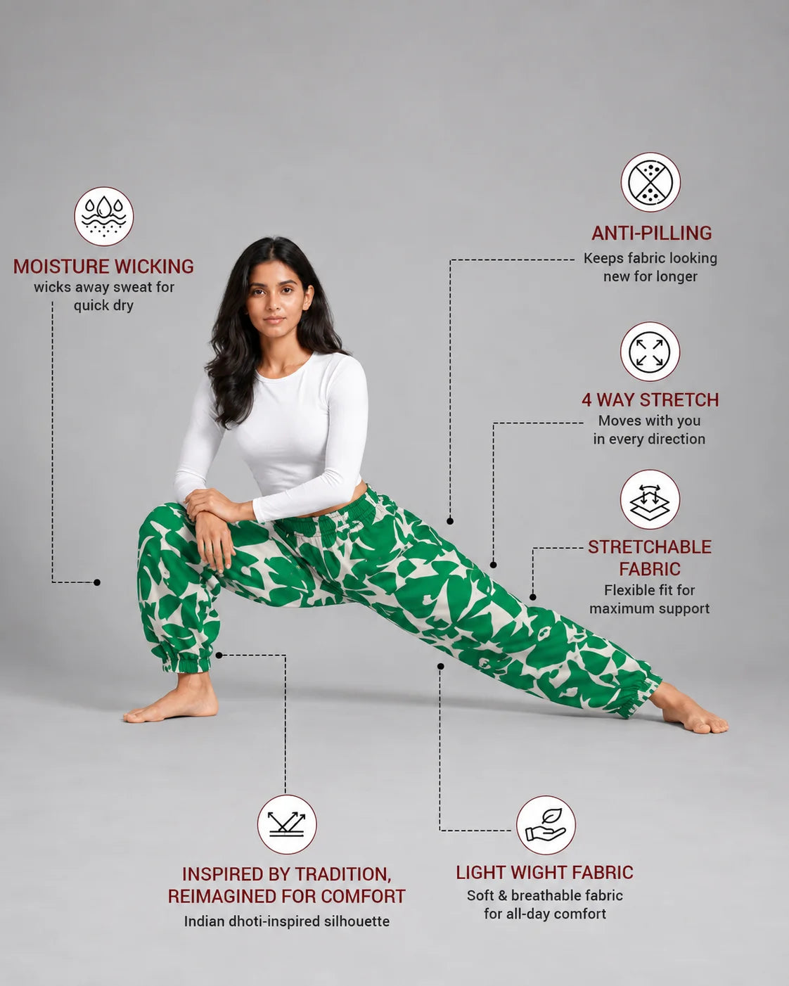OYSTERS BALLOON-CUT RELAXED FIT WHITE GREEN PRINTED COTTON PANTS FOR WOMEN