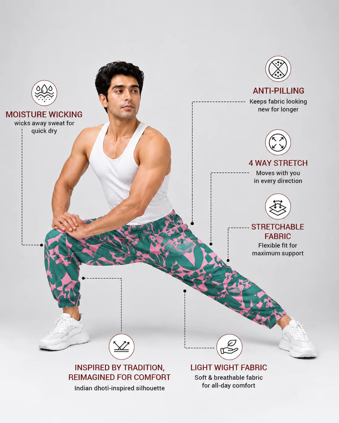 OYSTERS DRAPED UTILITY PINK GREEN PRINTED PANTS FOR MEN