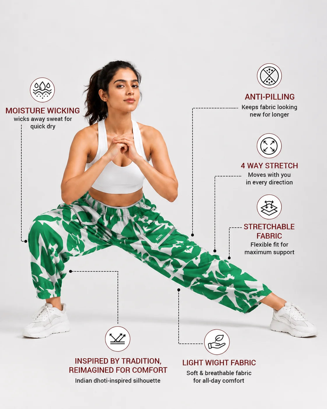 OYSTERS DRAPED UTILITY WHITE GREEN PRINTED PANTS FOR WOMEN